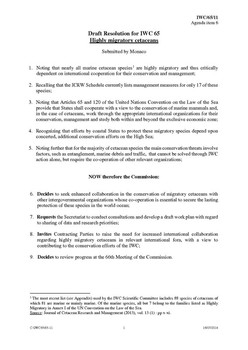 IWC/65/11 Draft Resolution for IWC 65 Highly migratory cetaceans (Submitted by Monaco)
