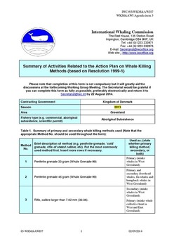 IWC/65/WKM&AWI07 Summary of Activities Related to the Action Plan on Whale Killing Methods (based on Resolution 1999-1) [2013] (Submitted by Denmark)