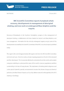 IWC Press Release: IWC Scientific Committee reports humpback whale recovery, developments in management of aboriginal whaling, and new work on endangered Maui dolphins and the vaquita